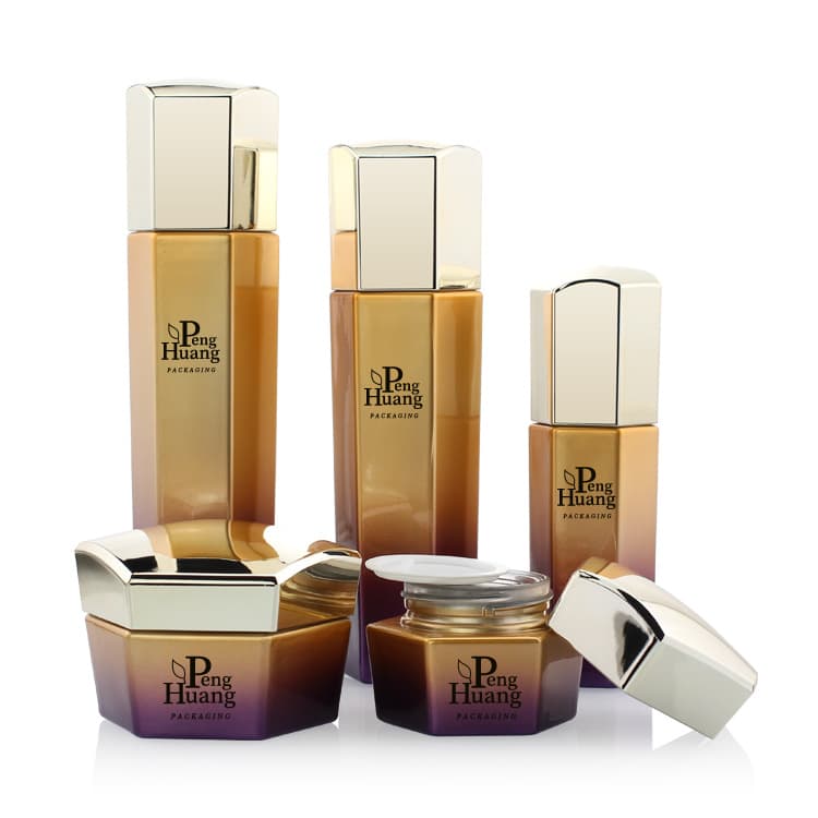 Cosmetic packaging — Luxury Hexagon Cosmetic Glass Pump Bottle Set Skin Care Series Face Cream Jar Cosmetic Packaging Toning Glass Lotion Bottle